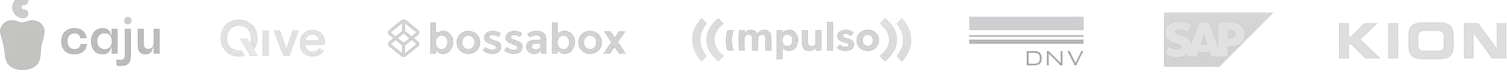 Logotipos dos clientes: Caju, Qive, Bossabox, Impulso, DNV, SAP e KION